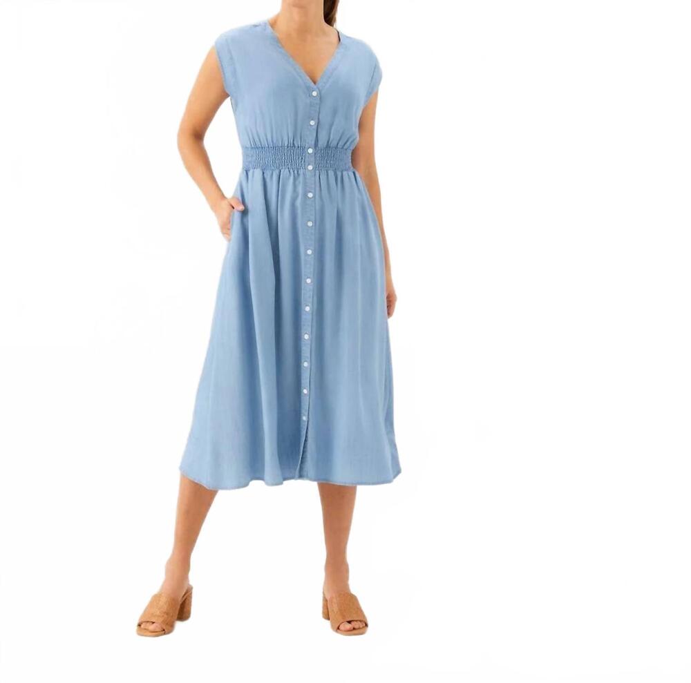 NEW KAREN KANE cap sleeve smocked waist button-up midi dress in chambray